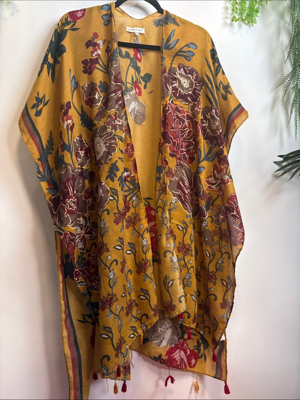 Woven Heart Mustard Floral Wrap with Maroon Blooms